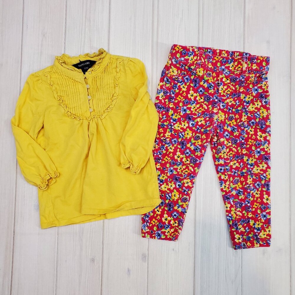 24 Months Girls Yellow Long Sleeve Top and Floral Pants - Ralph Loren